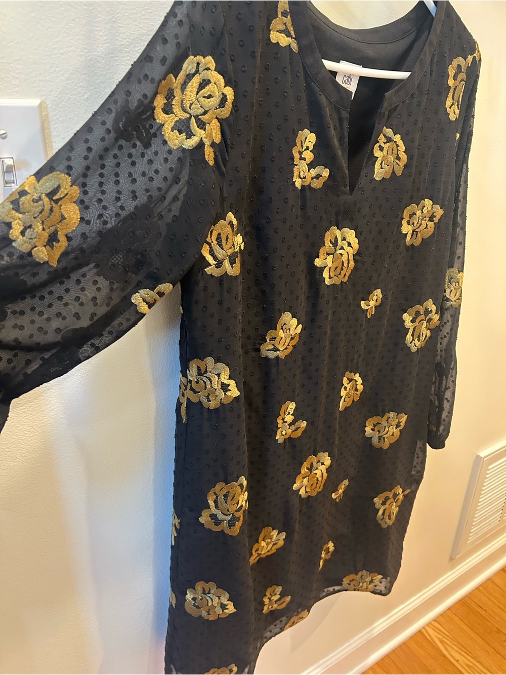 cabi Black Gold Embroidered Swiss Dot Occasion Dress S 3697 Holiday Boho Shift